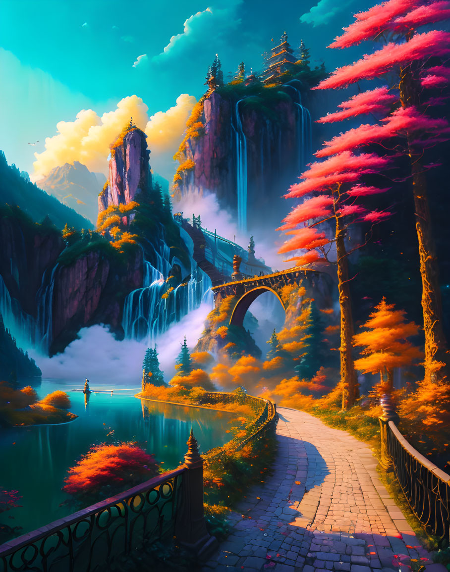 Colorful fantasy landscape with cobblestone path, pink trees, waterfalls, bridge, and lumin