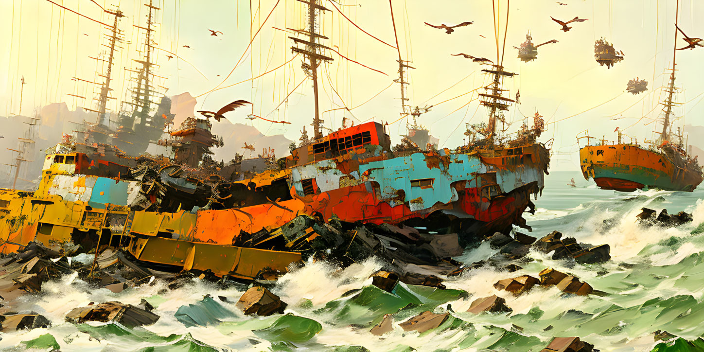 Chaotic post-apocalyptic seascape with rusty ships and flying vessels in turbulent waves