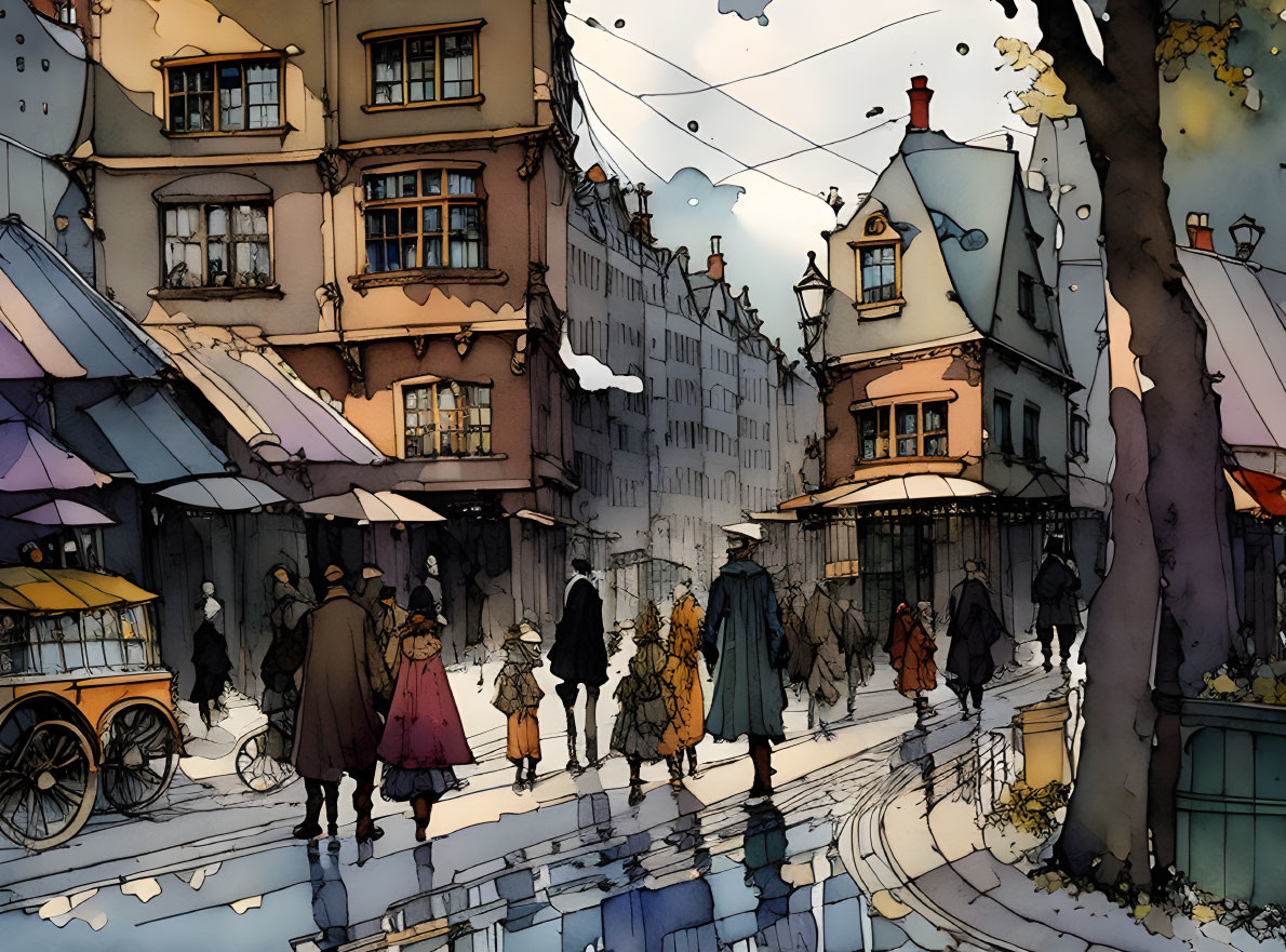 Illustrated street scene with vintage buildings, pedestrians, and snow patches in warm, colorful style