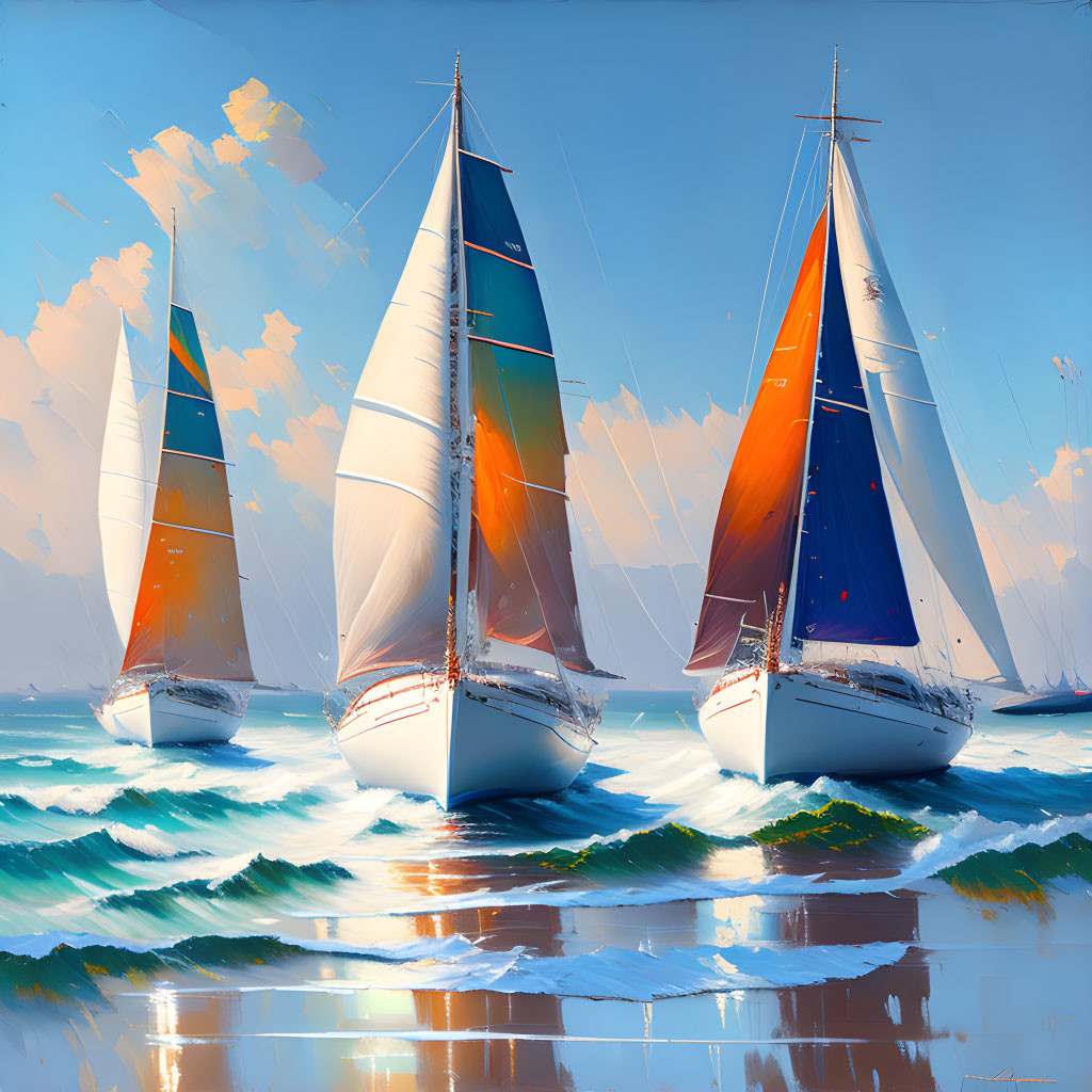 Colorful sailboats on sunny day with fluffy clouds