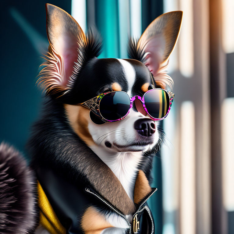 Cool Chihuahua in Sunglasses and Leather Jacket with Cityscape Background