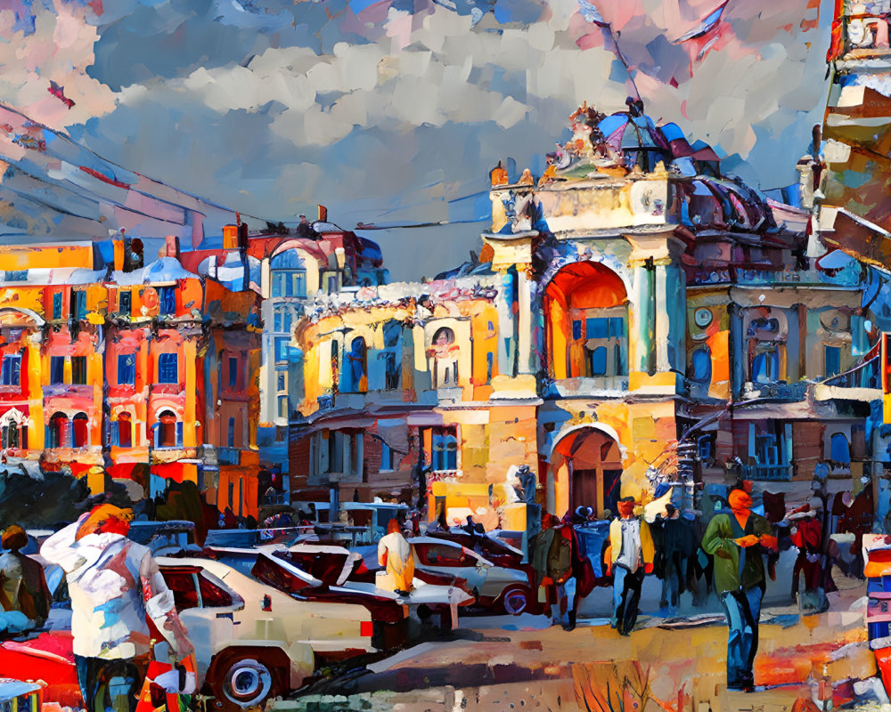 Colorful expressionist cityscape painting with bustling street scene and dynamic cloudy sky