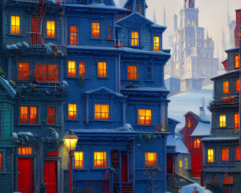 Snowy Cityscape at Dusk with Blue Building, Street Lamp, and Snow-Covered Red