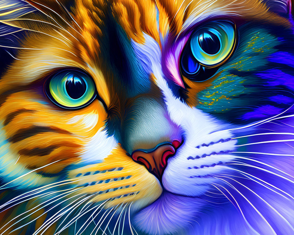 Colorful Digital Artwork: Cat with Striking Blue Eyes and Vibrant Fur