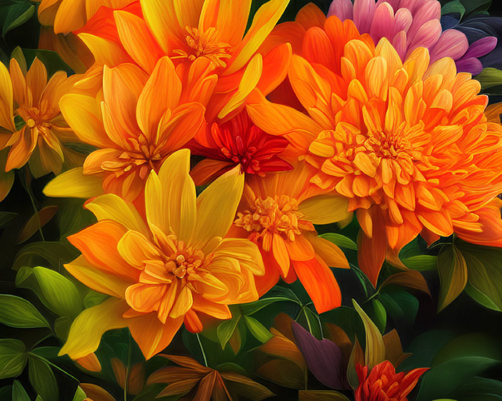 Colorful digital artwork: Orange and pink blossoms in lush green foliage on a dark background