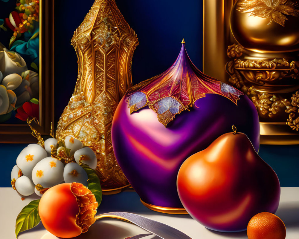 Glossy purple vase, ripe fruit, silver fork, and golden frames in still life.