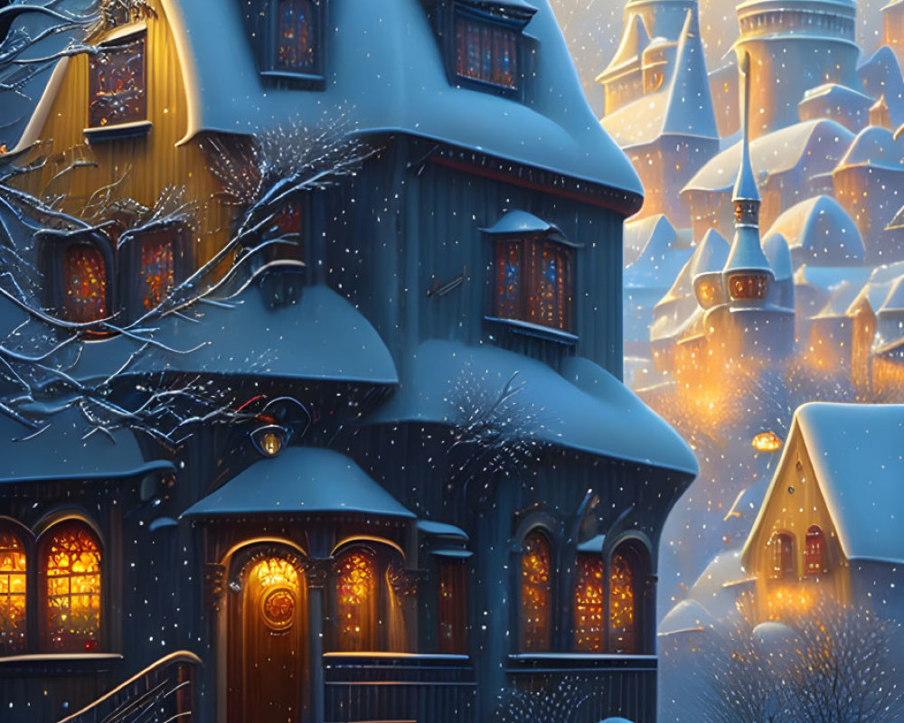 Snow-covered multi-story house in a twinkling winter village