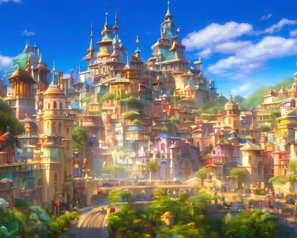 Fantasy cityscape with whimsical architecture and lush greenery