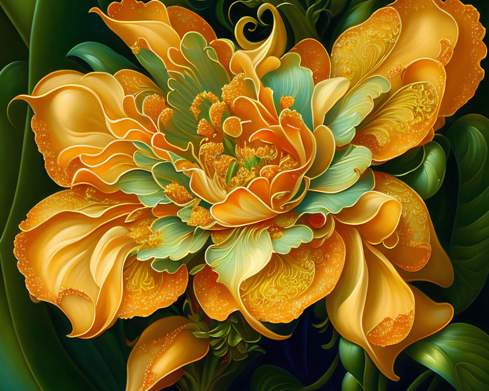 Colorful digital artwork: Ornate flower with orange and yellow petals.