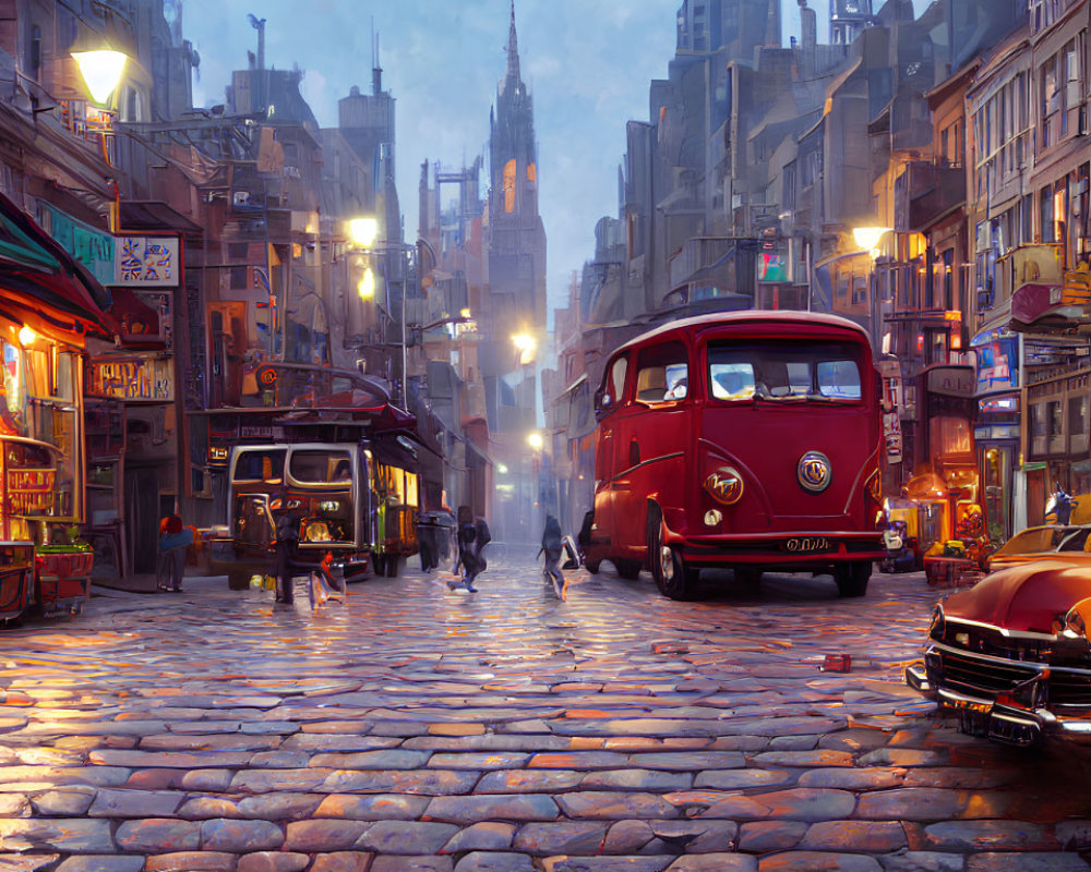 Vintage cars and cobblestone streets in a dusk street scene