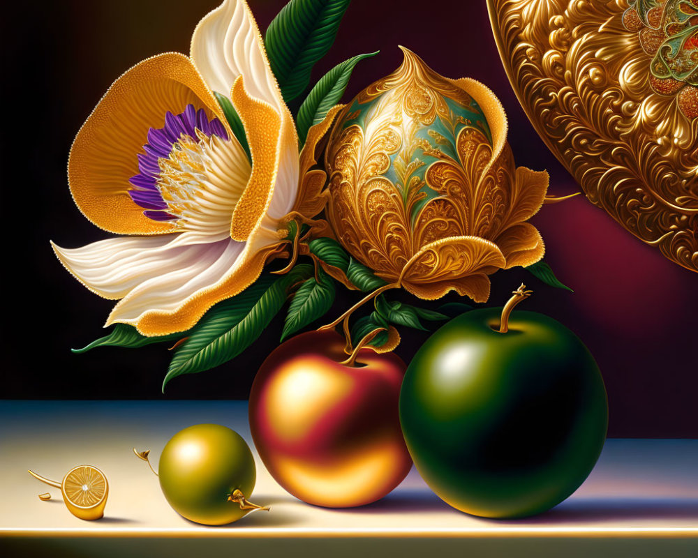 White flower, golden egg, fruits, citrus slice in still-life painting.