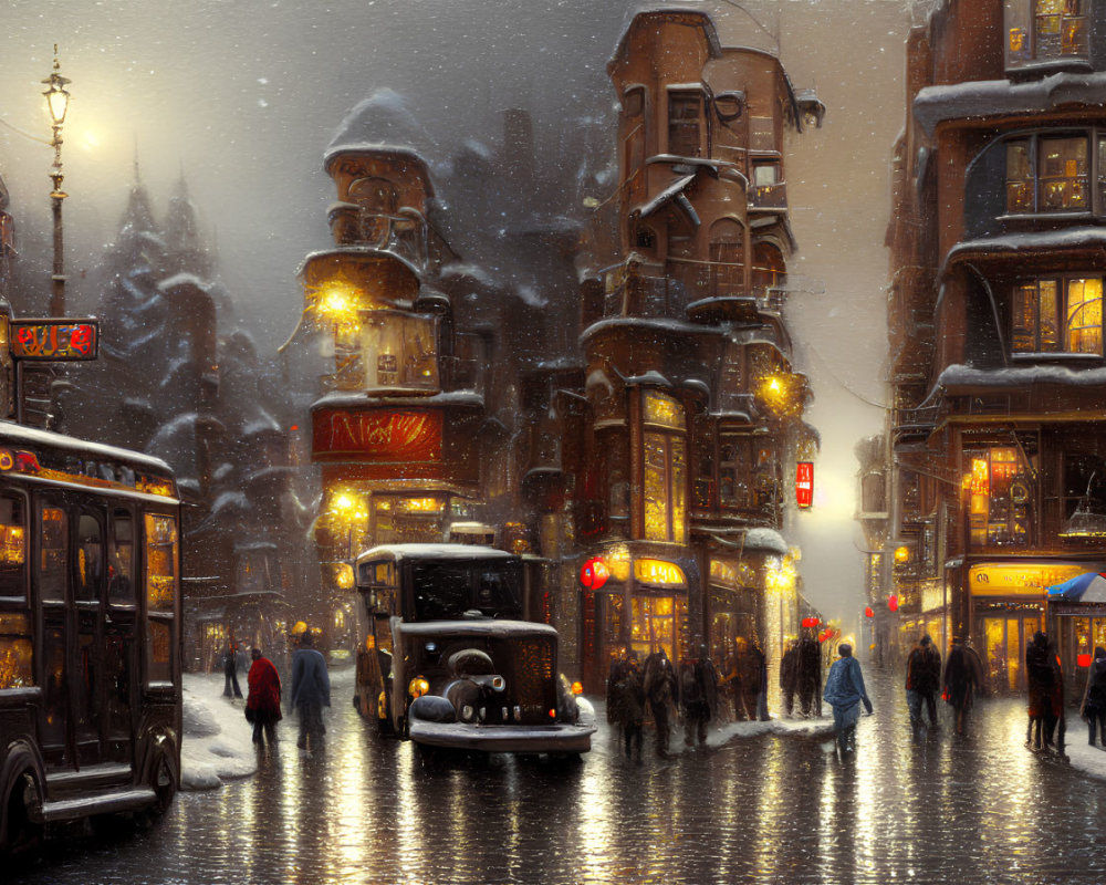 Snowy Winter Evening Scene: Vintage Buses, Streetlights, & Cozy Shops