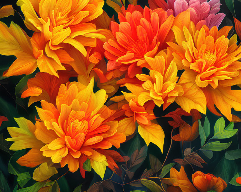 Colorful digital artwork featuring orange and yellow chrysanthemums on dark background