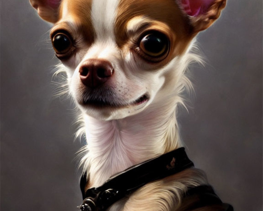 Chihuahua portrait with big eyes, pointed ears, glossy coat, and black collar