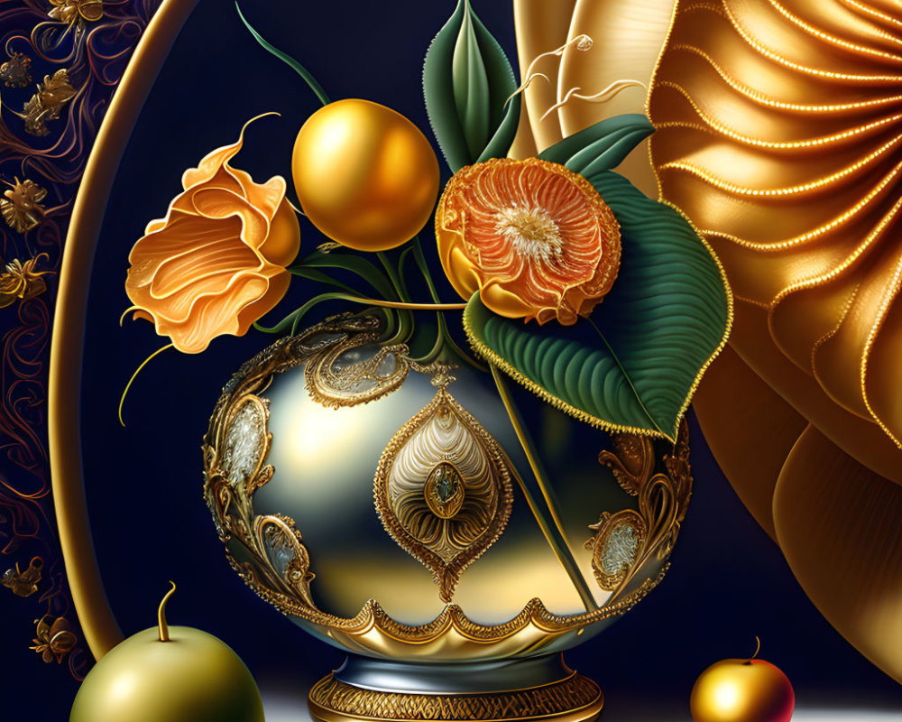 Gold-detailed vase with orange flowers, apples, and golden fabric in still life.