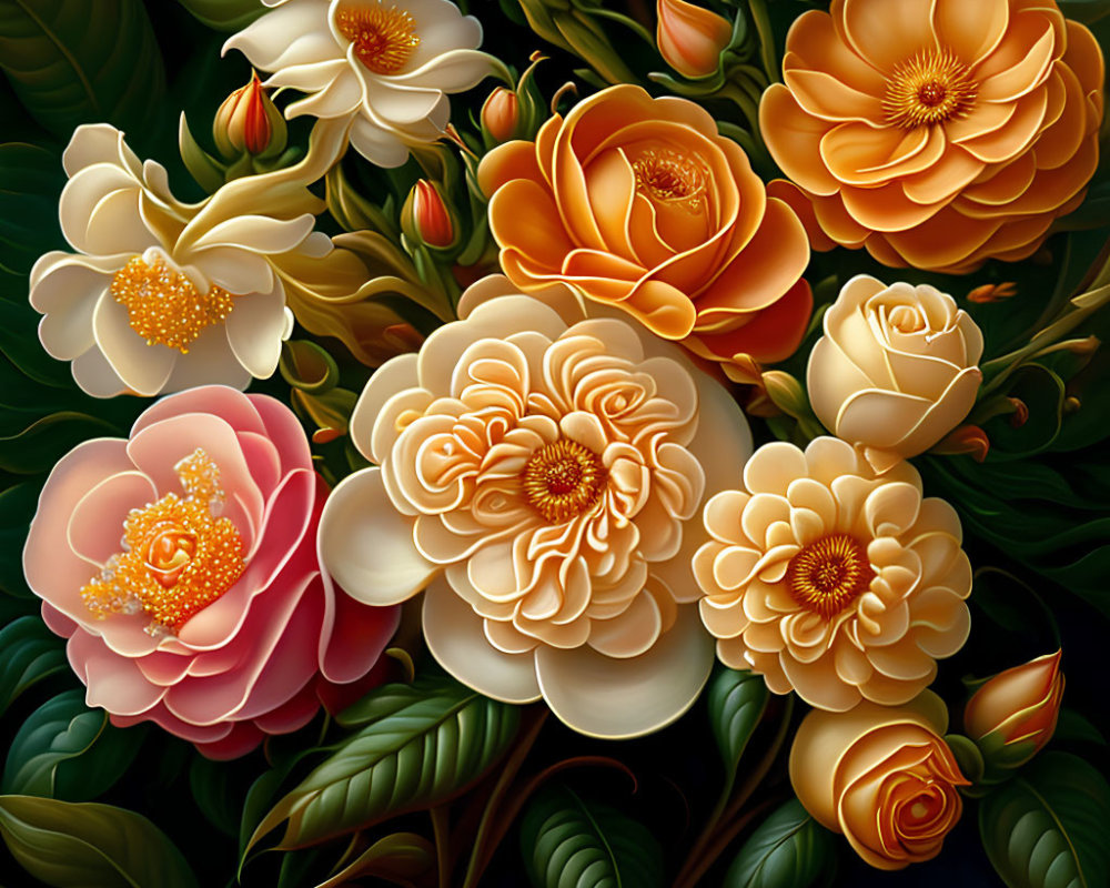 Colorful digital painting of vibrant bouquet with yellow, orange, and pink flowers