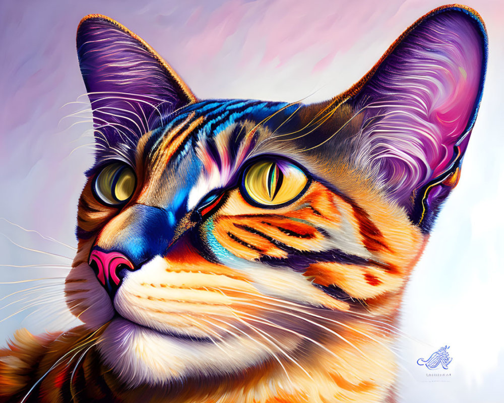 Colorful Tiger-Striped Cat Art on Purple Background