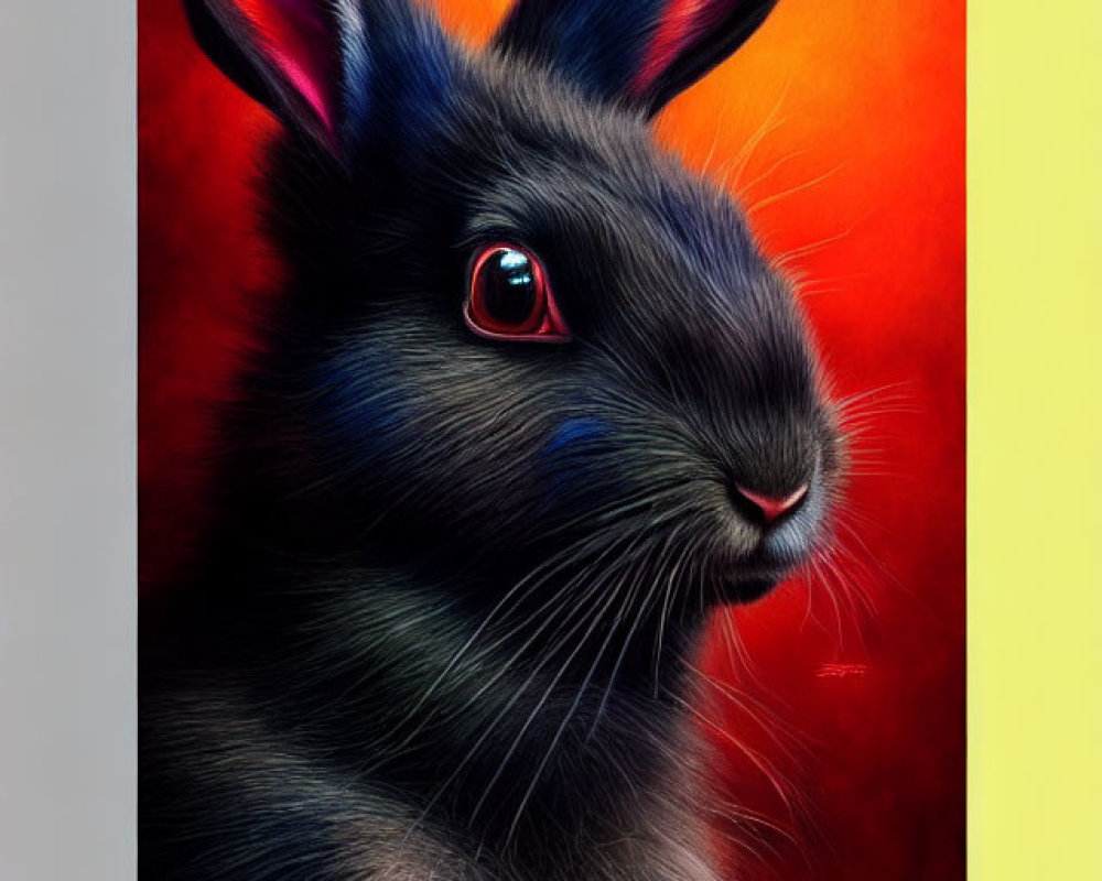 Detailed Black Rabbit with Red Eyes on Orange-Yellow Background