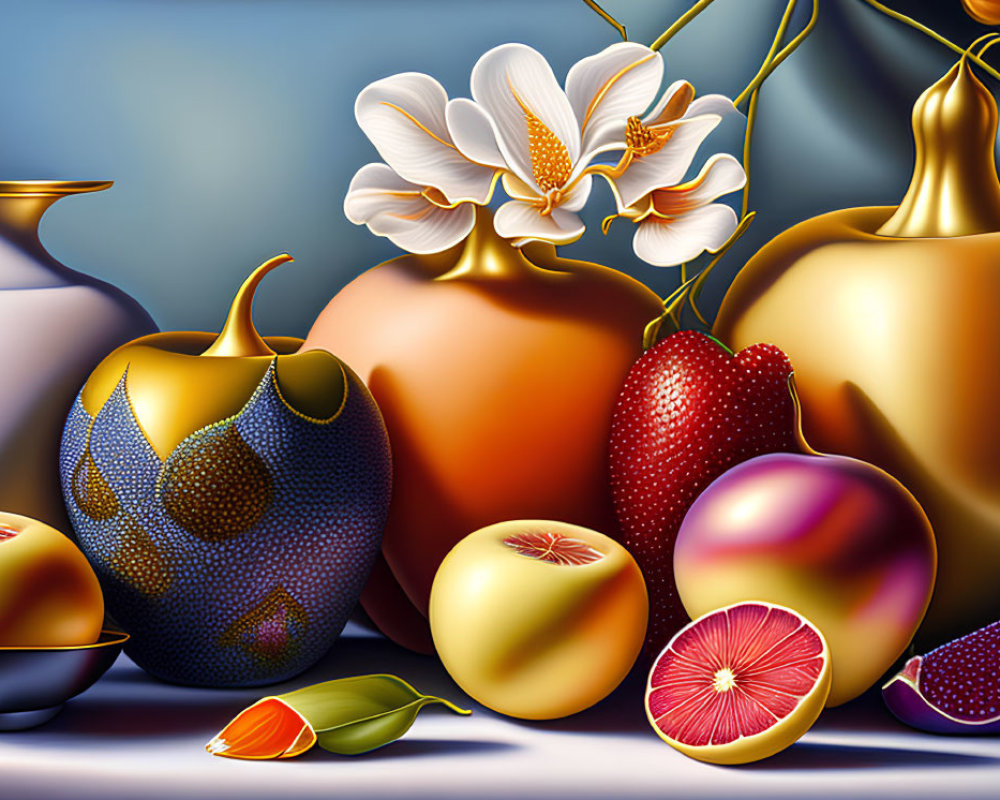 Colorful still life painting with fruits, flowers, and vases on shaded background