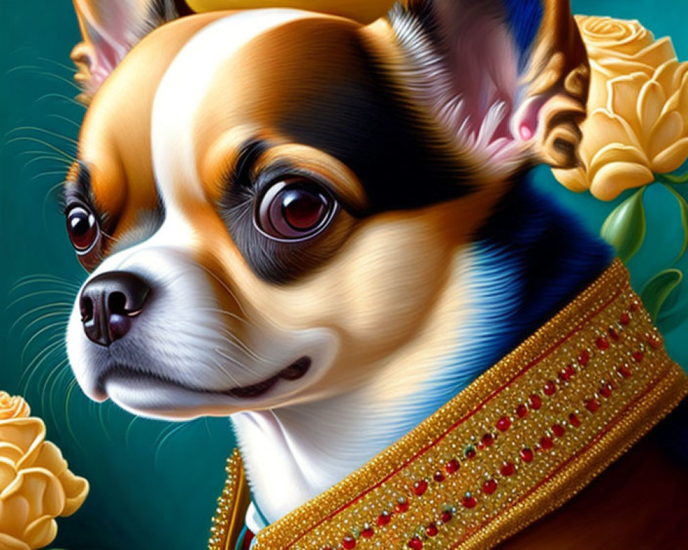 Stylized portrait of a royal Chihuahua in gold and jewels with rose background