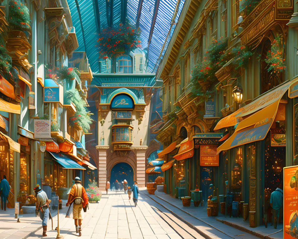 Sunlit Shopping Arcade with Glass Roof, Colorful Banners, and Lush Greenery