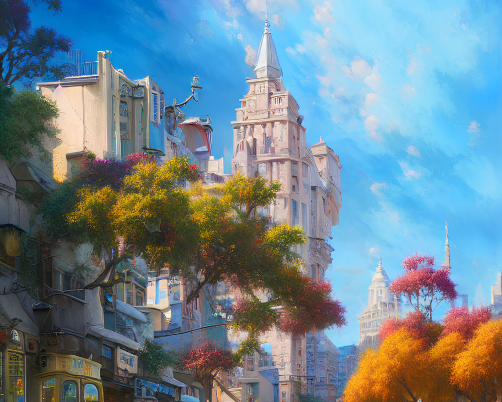 Historic buildings and autumn trees in sunlit cityscape