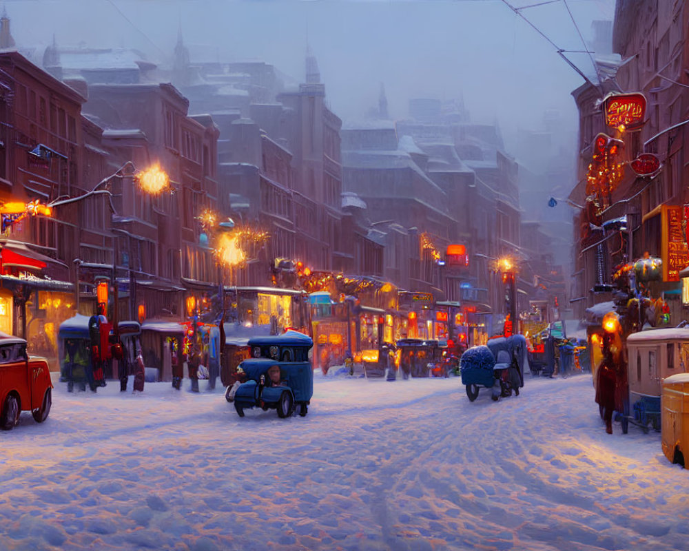 Snow-covered city street at twilight with pedestrians, vintage cars, and shop signs