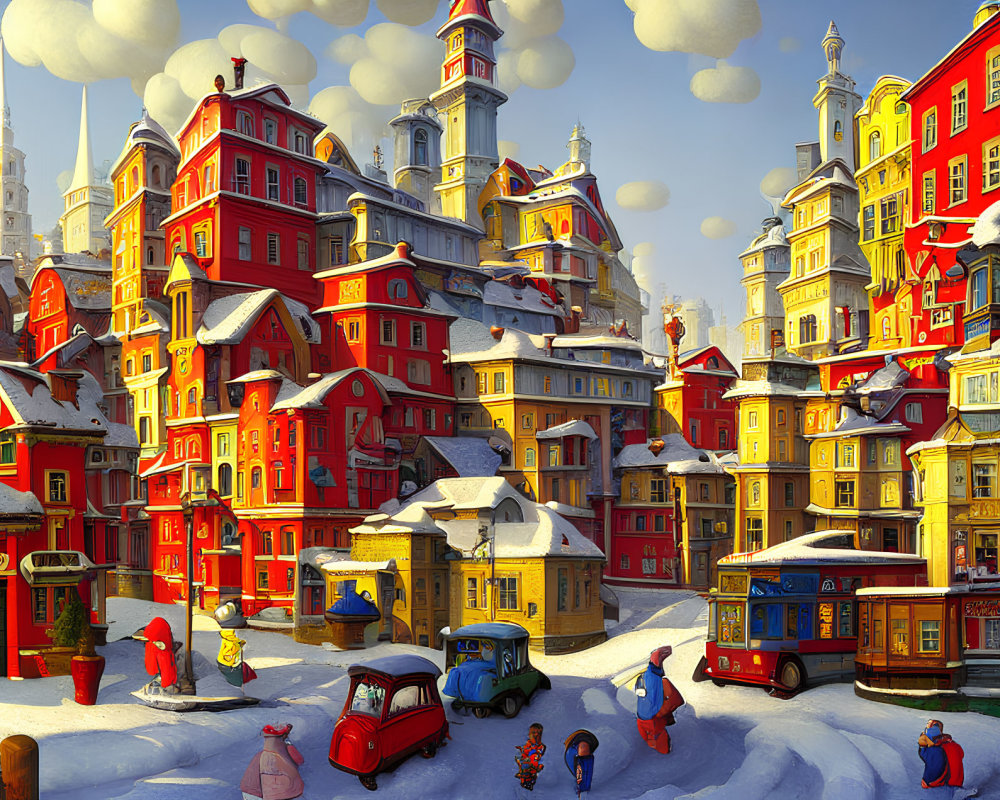 Colorful Winter Town Scene with People, Cars, and Tram