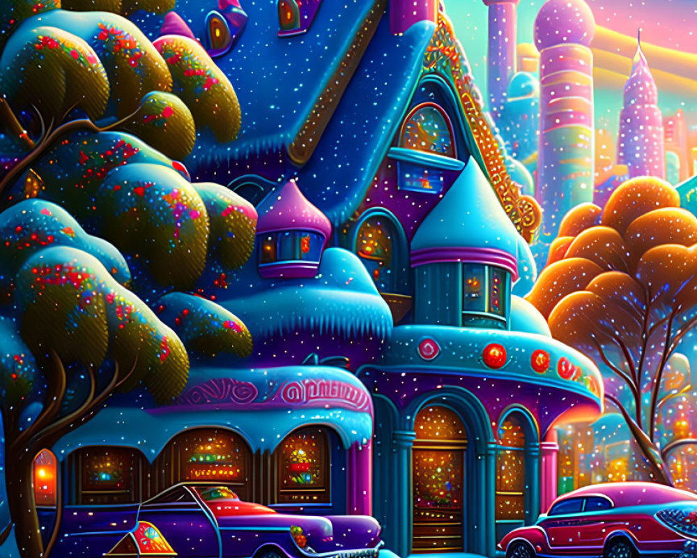 Colorful Winter Scene: Blue Castle, Snowy Trees, Cars, and Gifts