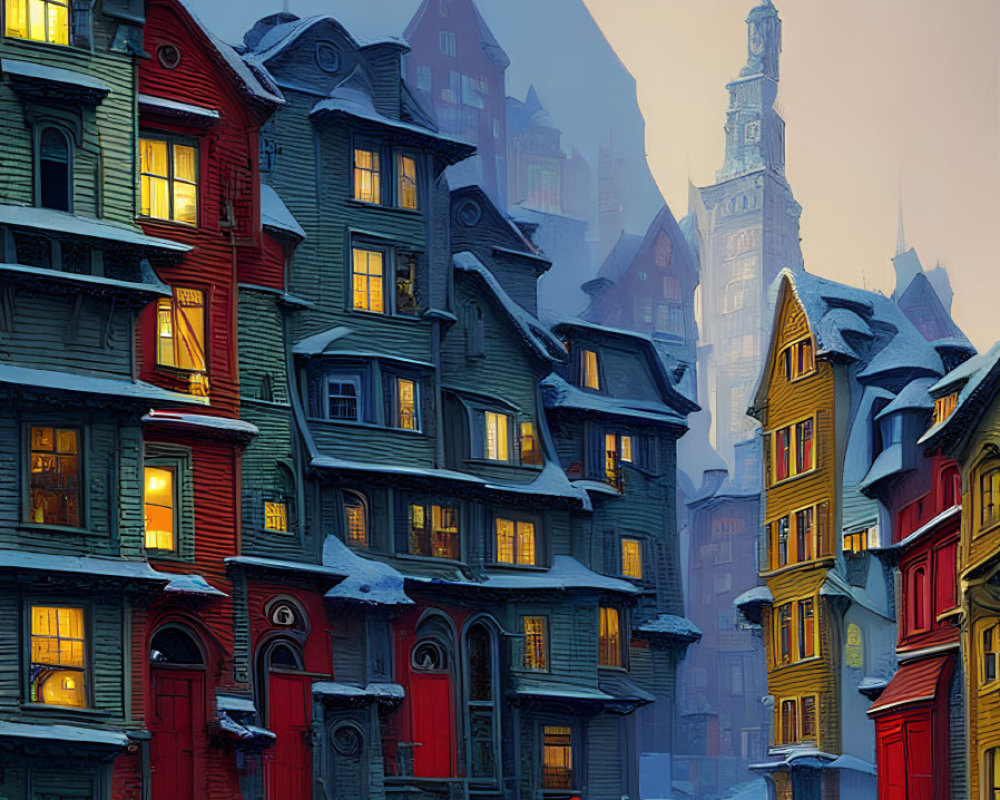 Snowy cobblestone street with colorful houses and looming castle on misty day.