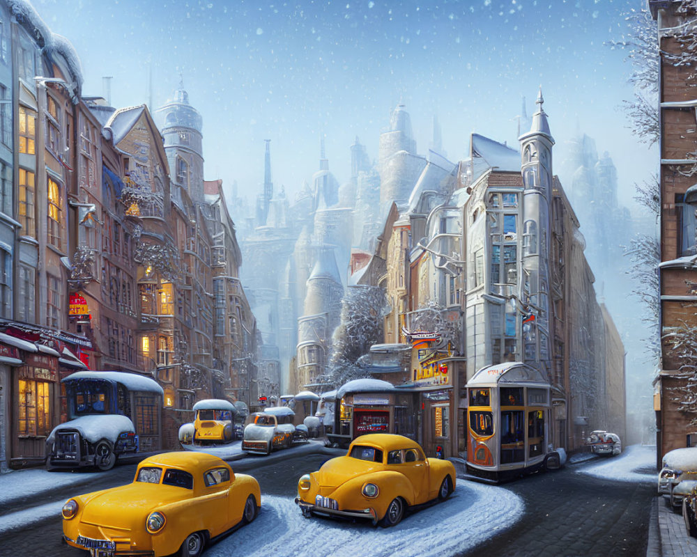 Snow-covered street with vintage taxis, tram, historic buildings, and falling snowflakes