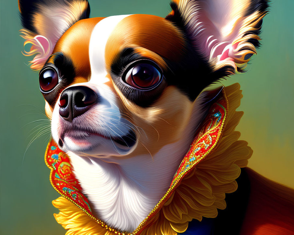 Vibrant digital art: Chihuahua in regal attire on gradient background