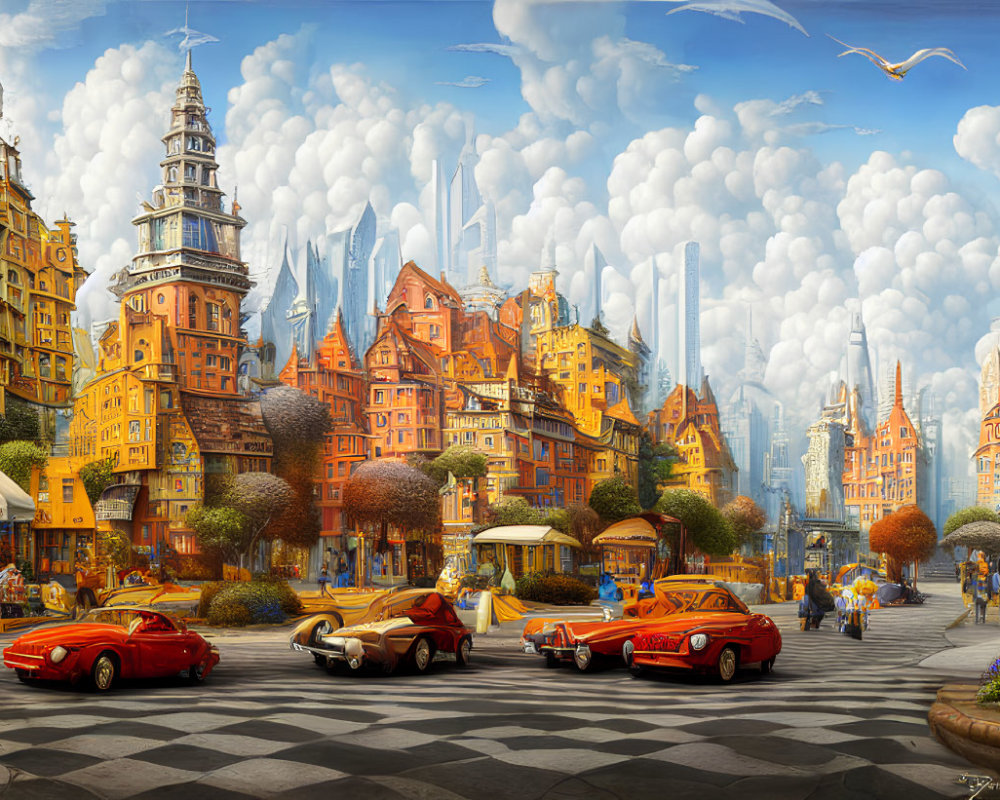 Cityscape: Classic meets futuristic in vibrant street scene