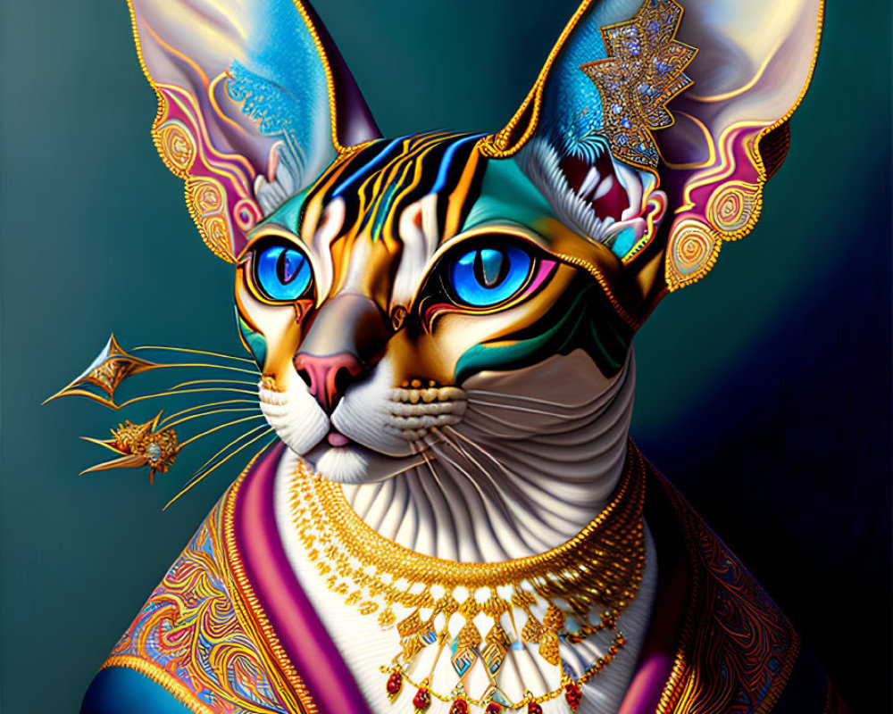 Colorful Cat Portrait with Jewelry on Dark Teal Background