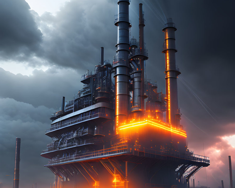 Futuristic industrial plant with towering structures under dramatic cloudy sky