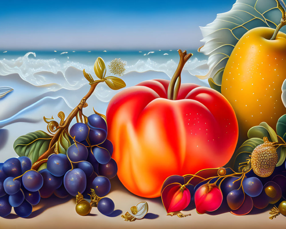 Colorful Still Life with Fruits and Surreal Background of Ocean Waves and Cabbage Leaf