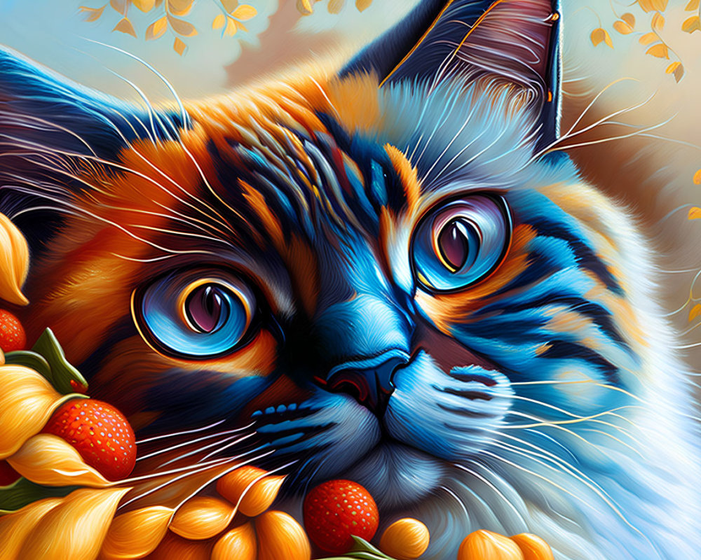 Colorful Digital Art: Exaggerated Cat with Wide Eyes in Vibrant Orange Fur