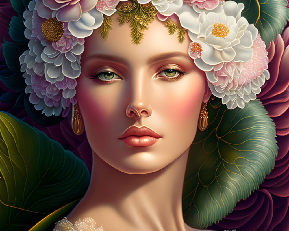 Surreal portrait of woman with floral head adornments and intricate lace details