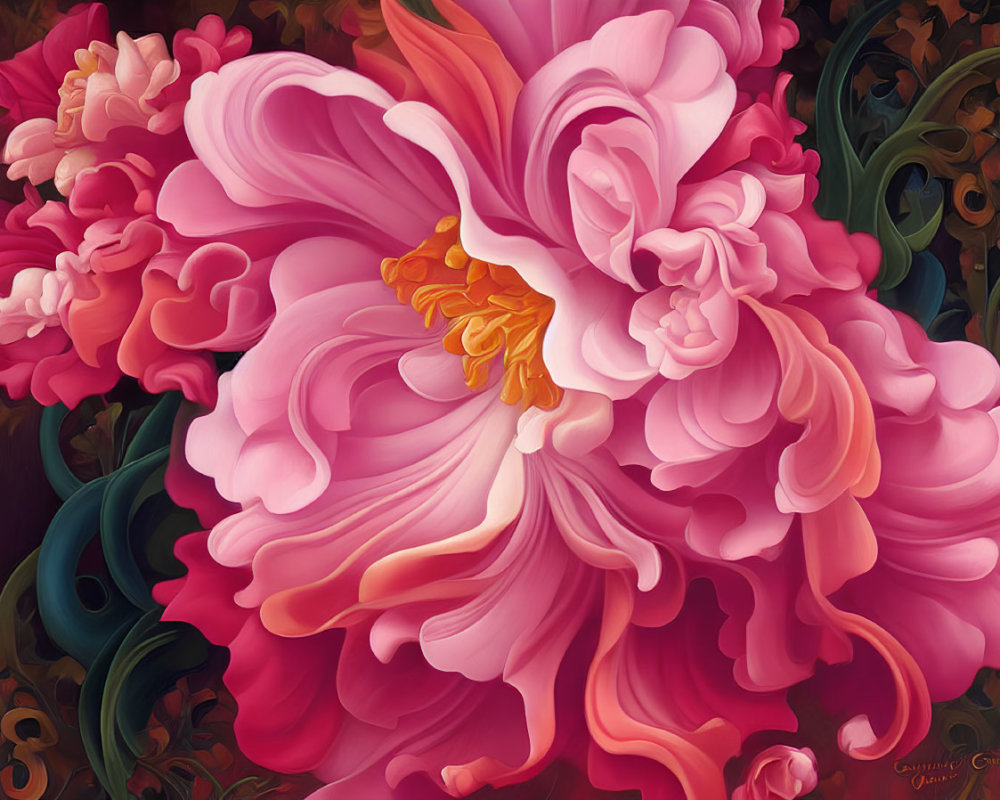 Detailed close-up painting of a vibrant pink peony on a dark ornate background