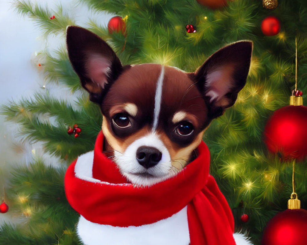 Chihuahua with red scarf by Christmas tree with gold ornaments