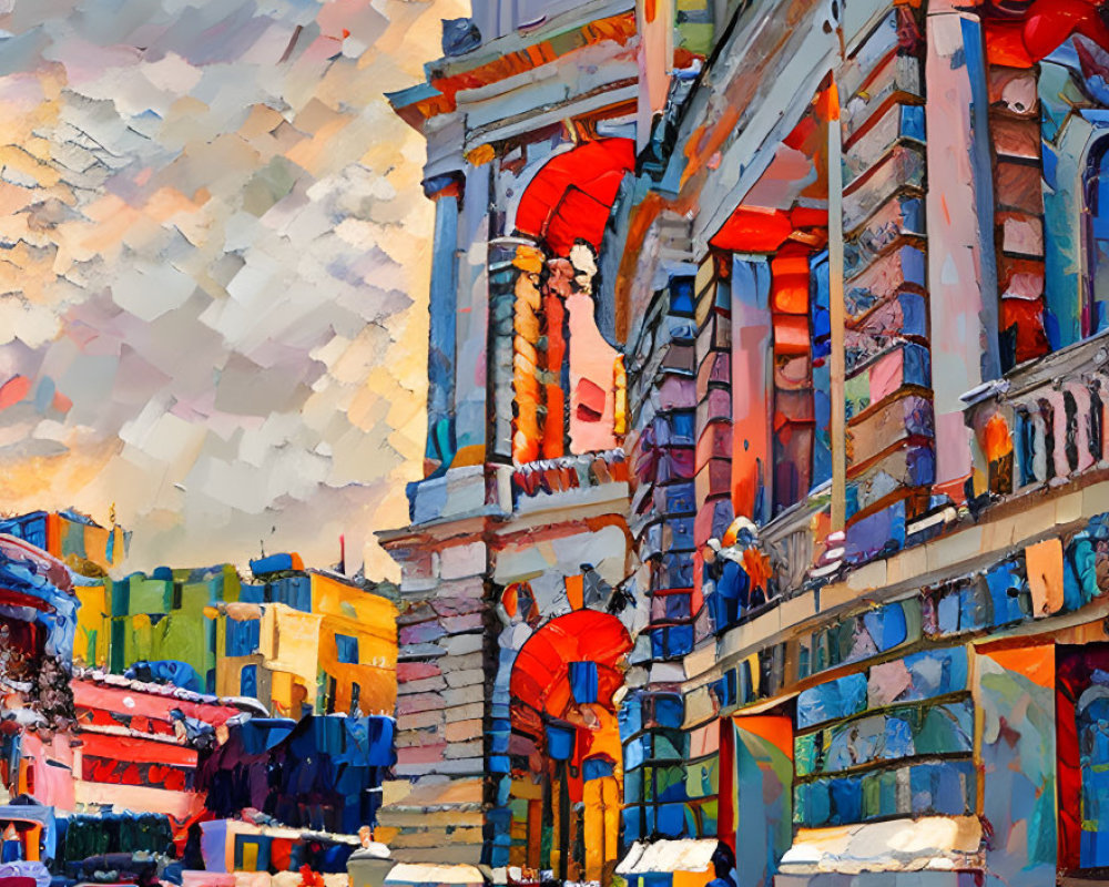 Vibrant impressionistic painting of a street scene with dramatic sky