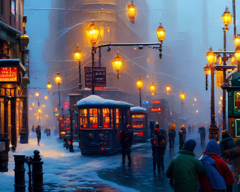 Winter cityscape with vintage tram, pedestrians, glowing lamps, and snowfall