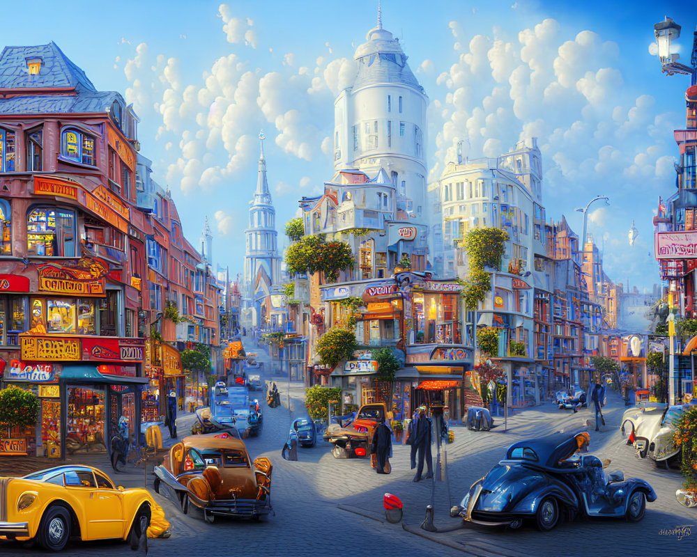 Colorful Street Scene with Classic Cars and Shops under Sunny Sky