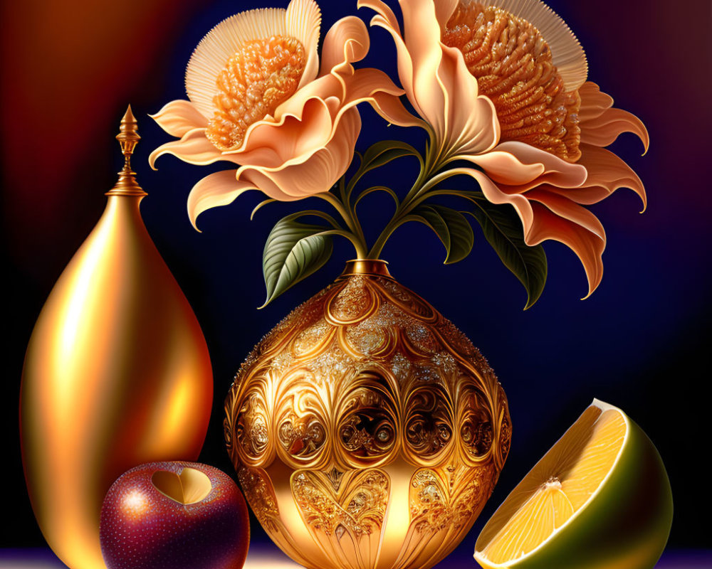 Golden vase, jug, fruit, and flowers on dark background