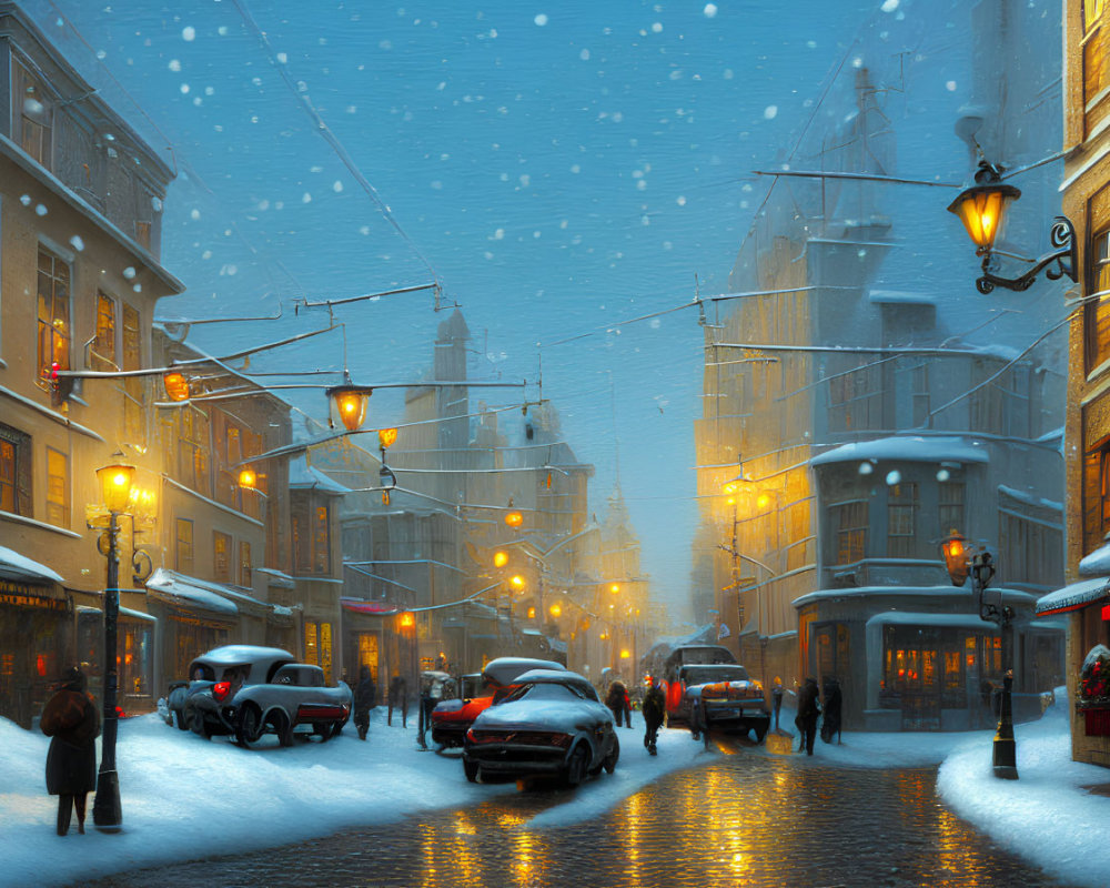 Serene city street covered in snow at twilight