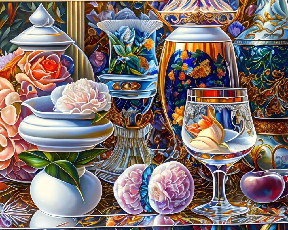 Colorful still life painting with vases, flowers, fruits, and glass on ornate backdrop