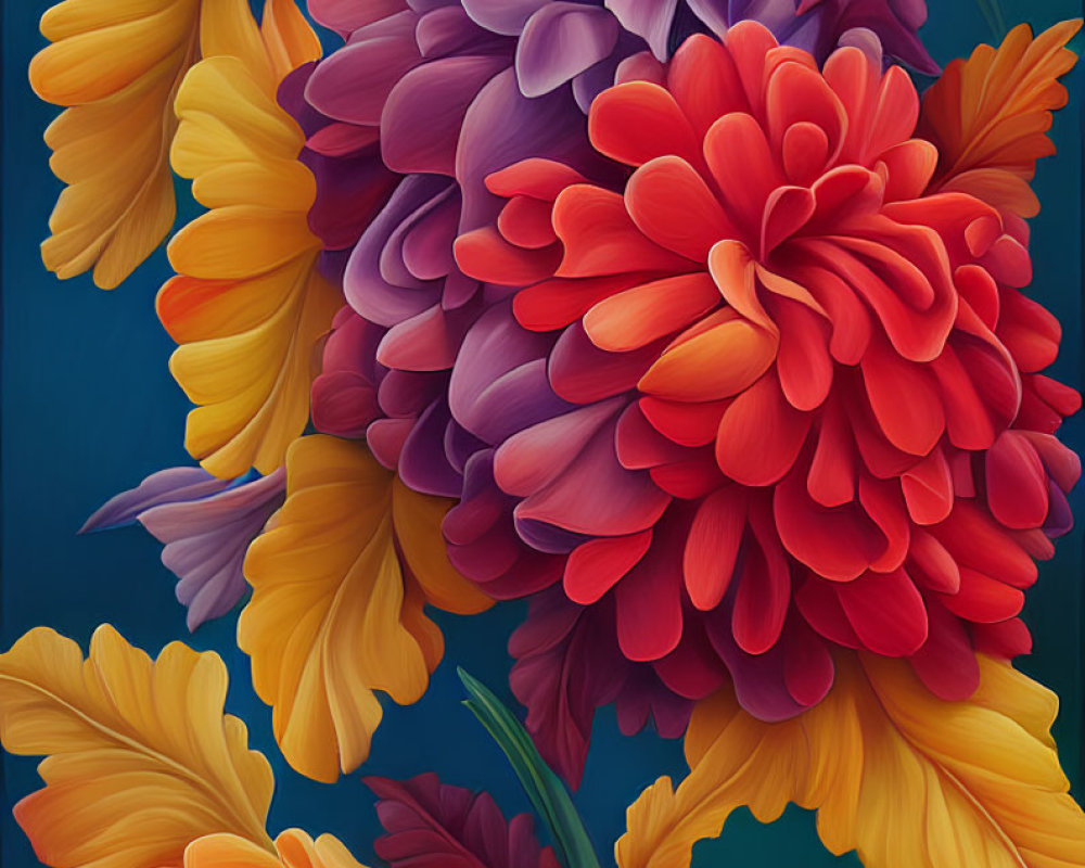 Colorful digital artwork featuring stylized flowers in orange, yellow, and purple on dark blue.