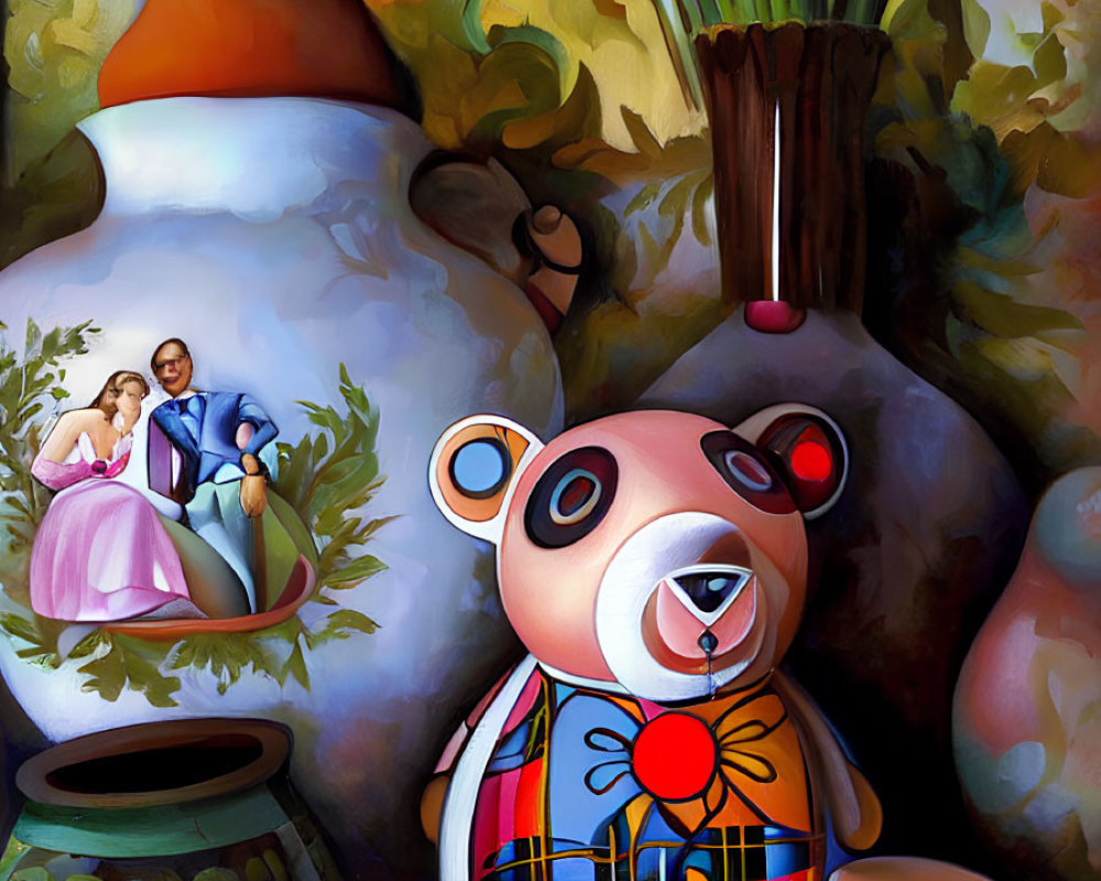 Colorful Teddy Bear, Whimsical Vases, Tiny Couple: Surreal Illustration