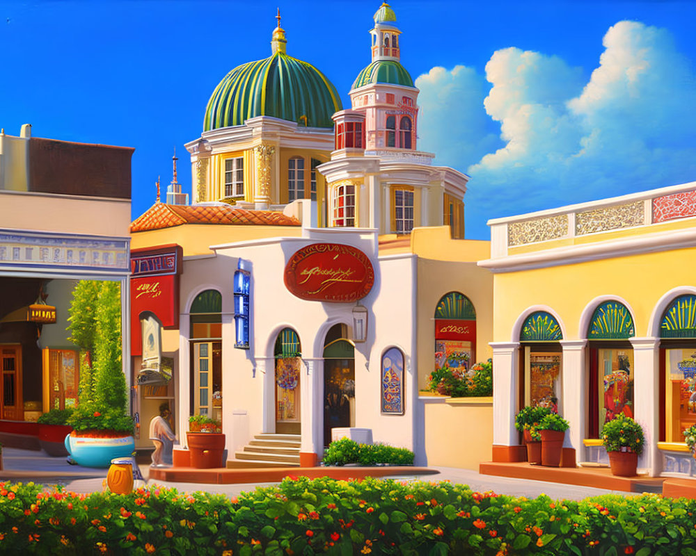 Vibrant street scene with domed building and quaint shops