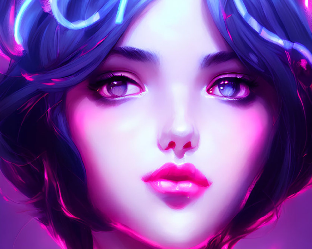 Colorful digital portrait of a young woman with blue hair and neon pink lights, showcasing expressive eyes and